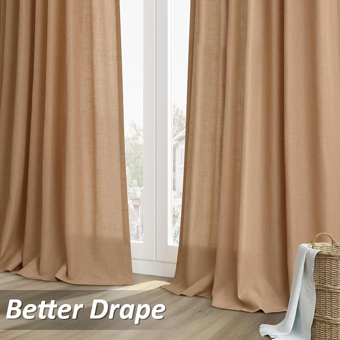 Camel Brown Linen Curtains 84 Inches Long 2 Panel Set Rod Pocket Semi Sheer Dining Room Cozy Bedroom Decor Cotton Look Country Rustic Farmhouse Boho Curtains 52x84