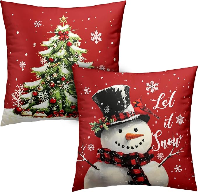 Red Christmas Pillow Covers Snowman Throw Pillow Covers Xmas Tree Pillow Case 22x22 Winter Snowflakes Cotton Blend Cushion Case for Holiday Decor Couch Sofa 2 Pack