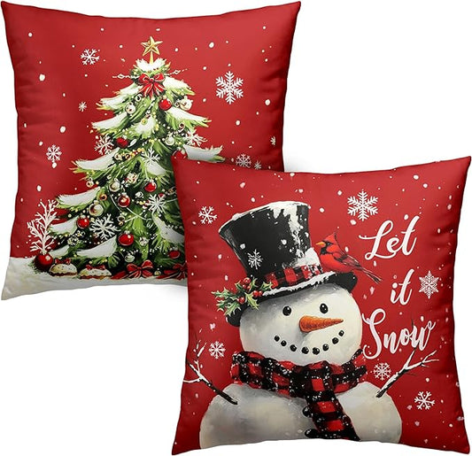 Red Christmas Pillow Covers Snowman Throw Pillow Covers Xmas Tree Pillow Case 18x18 Winter Snowflakes Cotton Blend Cushion Case for Holiday Decor Couch Sofa 2 Pack