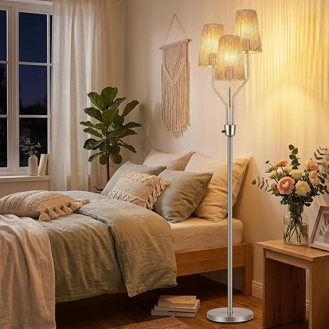 Bairth Boho Floor Lamp, Farmhouse Rattan 3-Light Floor Lamp for Living Room