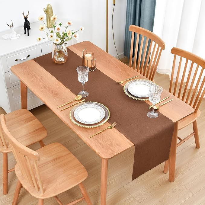 Faux Linen Table Runner Water Resistant 13 x 48 in, Brown | Farmhouse Rustic Table Runners, Coffee Table Runner, Dresser Runners for Bedroom, Living Room, Kitchen, Dining, Party