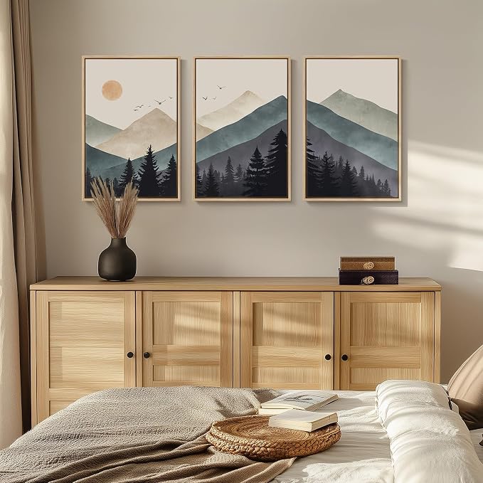 Framed Boho Mountain Forest Landscape Wall Art for Living Room, 16x24 Inch | 3 piece, Modern, Minimalist, Large, Canvas artwork, Nature, Pine tree picture, Bedroom wall decor, Ready to hang, Wood frame