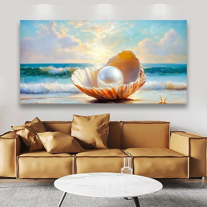 Seashells Pearls Pictures Canvas Wall Art Living Room Office Bedroom Wall Decor Sea Landscape Wall Art Prints Modern Blue and White Landscape Artwork Waterproof Ready to Hang - 20x40 inches