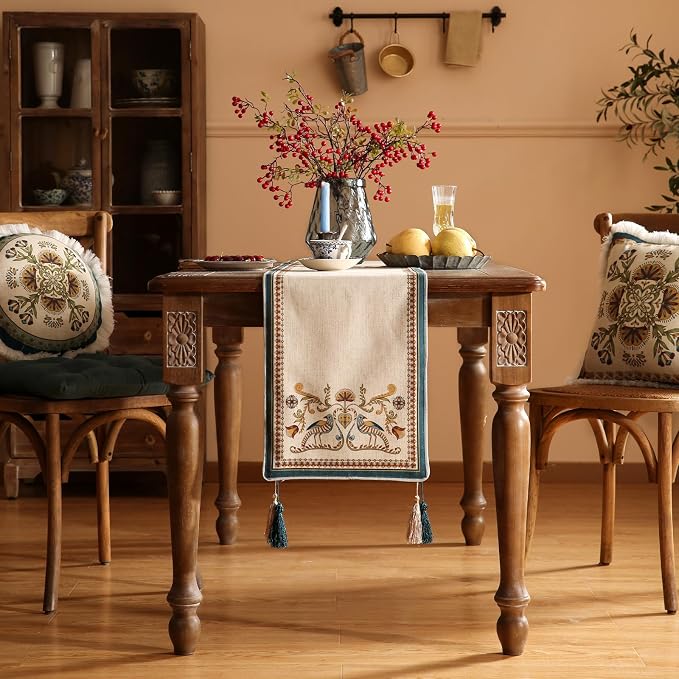 Patdrea Designer Vintage French Linen Table Runner,12"X102"-Wensel E | Elegant Tablerunner 102 Inches Long,Colorful Floral Pattern,Thanksgiving Dining Table Decor for Living Room Banquet