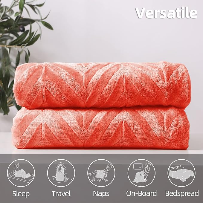 Whale Flotilla Flannel Fleece Bed Blanket Twin XL Size, Coral | Lightweight Breathable Soft Bedspread, Plush Fluffy Coverlet Chevron Design Decorative Blanket for All Season, 90x66 Inch