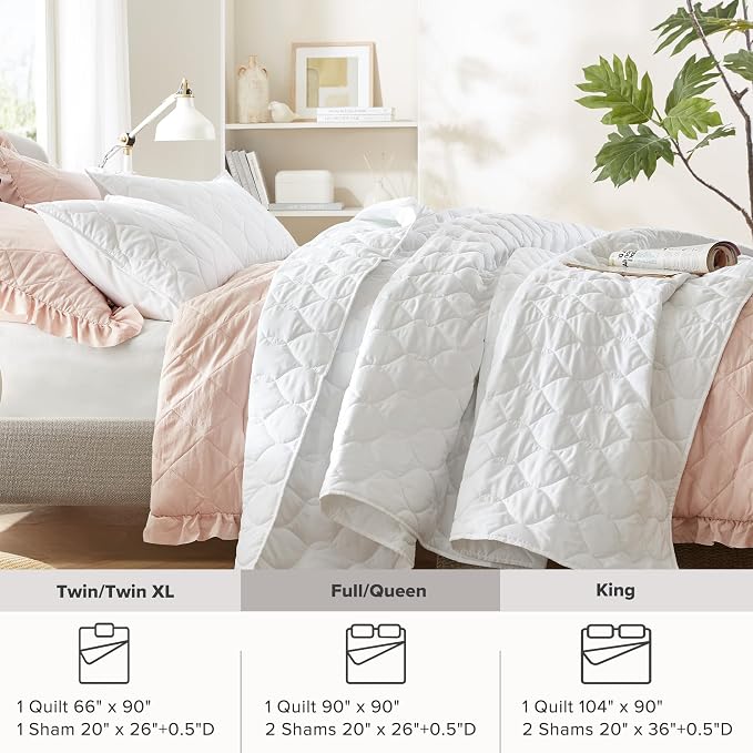 Comfort Spaces Kienna Queen Quilt Bedding Set 3 Piece, 90"x90" White Ogee | Soft Cozy Lightweight Summer Coverlet Full Size, Quilted Bedspreads Extra Layer, Modern Casual Bedroom Decor, OEKO-TEX