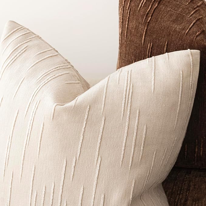 Foindtower Pack of 2 Slubby Textured Chenille Throw Decorative Pillow Covers Square Accent Solid Cushion Cover Neutral Farmhouse Pillow Case for Couch Sofa Bedroom Living Room 20x20 Inch,Ivory