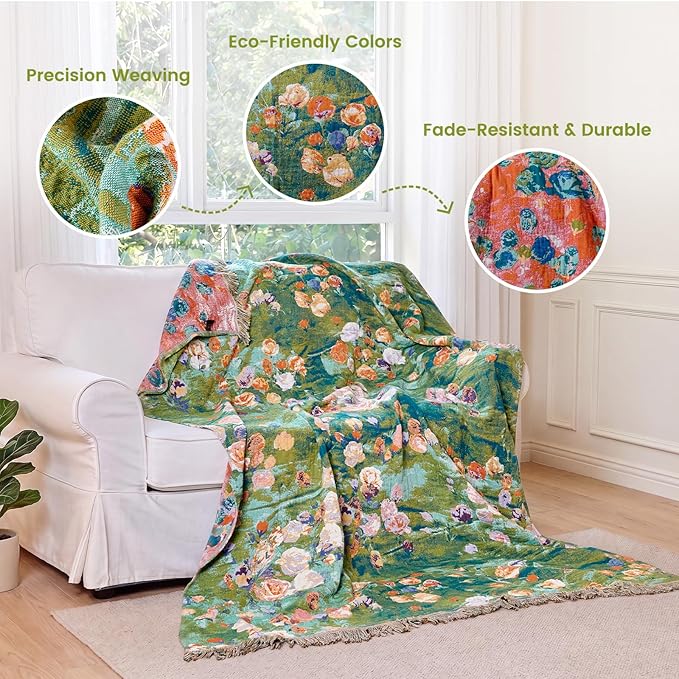 MSGKV Boho Throw Blanket 60"x80" Cotton Floral Twin Blanket for Bed & Couch | Twin Size Cotton Throw, Muslin Blanket, Summer Breathable, Lightweight Comfort, Farmhouse Decor, Machine Washable