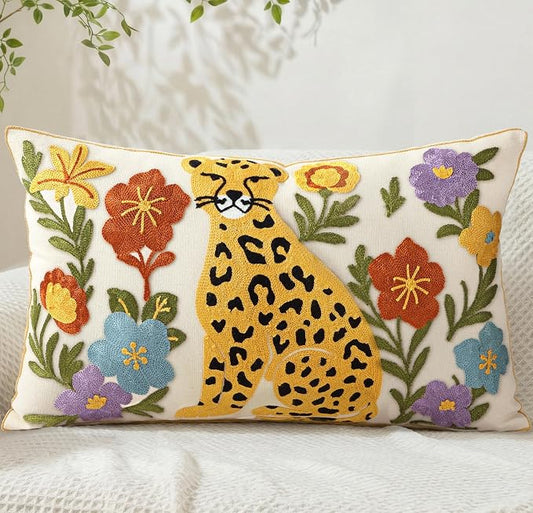 Embroidered Lumbar Pillow Cover 20x12 Inch - Summer Boho Decorative Pillow Cover with Zipper for Couch Sofa Living Room Farmhouse Cushion Pillowcase, Leopard Floral