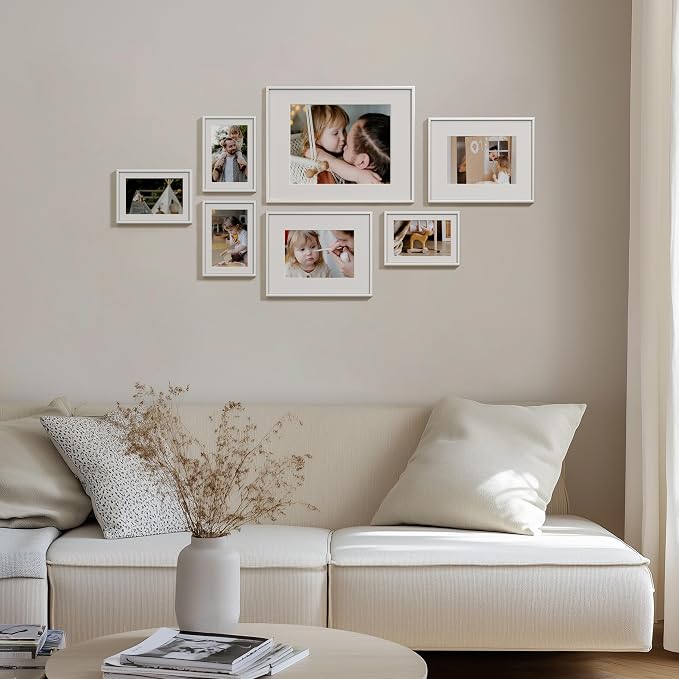 eletecpro Aluminum Gallery Wall Frame Set of 7 with Glass Cover, Silver | Including 1Pc 11x14, 2Pcs 8x10, 4Pcs 5x7 Photo Frames, Multiple Sizes Picture Frames Collage Wall Decor or Tabletop Display