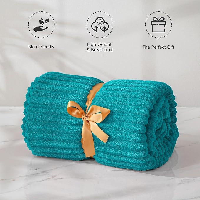 BEDELITE Ribbed Jacquard Ocean Blue Fleece Twin Blanket for Bed, 60x80 Inch | Soft Warm Decorative Fluffy Blanket, Cozy Plush Lightweight Fuzzy Throw Blanket for Couch Sofa Room Decor, Gift for Women