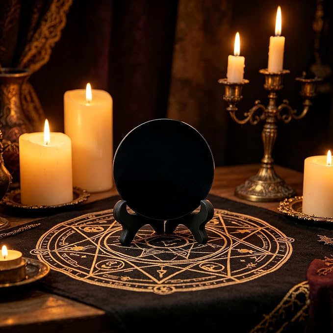 Black Obsidian Scrying Mirror, Obsidian Mirror with Stand and Bag for Divination, Meditation, Healing, Feng Shui (60mm)