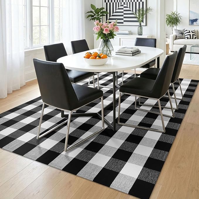 KOZYFLY Buffalo Plaid Area Rug 5x7 ft Living Room Rug, Black and White | Washable Checkered Rugs, Cotton Bedroom Rug, Woven Dining Room Rug, Indoor Outdoor Carpet for Farmhouse Patio Front Porch