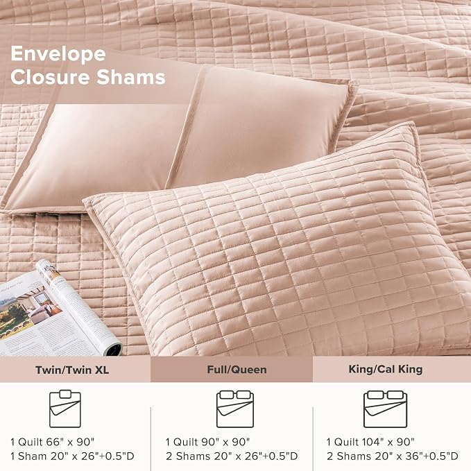 Comfort Spaces Kienna Queen Quilt Bedding Set 3 Piece, 90"x90" Blush | Soft Cozy Lightweight Summer Coverlet Full Size, Quilted Bedspreads Extra Layer, Modern Casual Bedroom Decor, OEKO-TEX