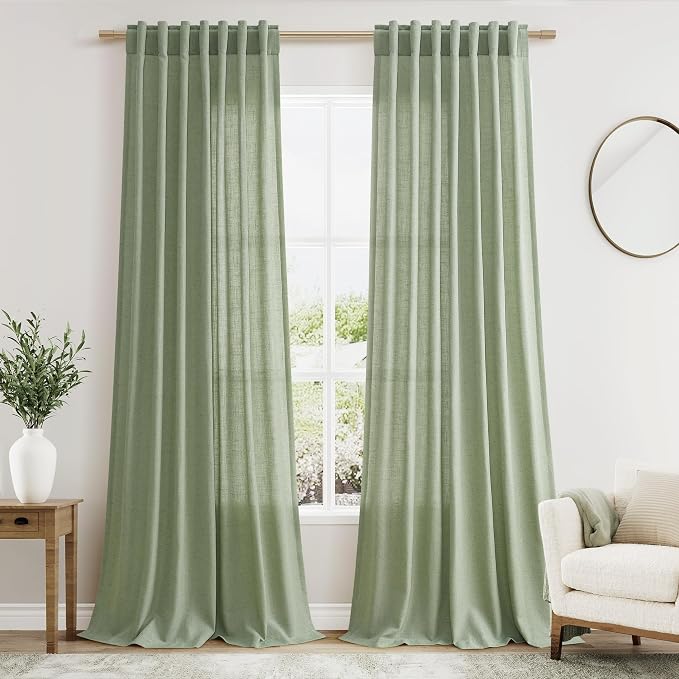 Sheer Light Sage Linen Curtains 102 Inches Long Rod Pocket Back Tab Drapes 2 Panels Set for Living Room Light Filtering Semi Sheer Pale Green Curtain 102 Length for Patio Sliding Glass Door 52x102