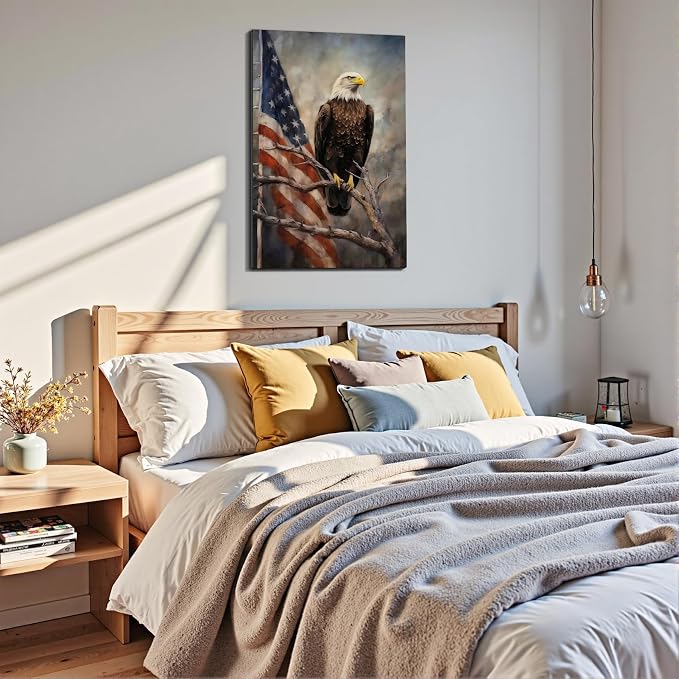 Framed Bald Eagle American Flag Wall Art, Patriotic Rustic Canvas Art Pictures, USA Eagle Wall Decor, Made in USA Ready to Hang for Office Man Cave Living Room