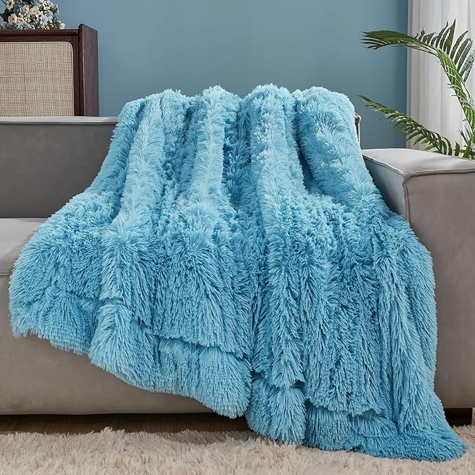 GONAAP Fuzzy Faux Fur Throw Blanket for Couch, Sky Blue, 50"x60" | Warm Cozy Plush Shaggy Decorative Reversible Thick Non-Heated Fleece Blanket for Sofa Bed, Gift for Women Men, All Season Use