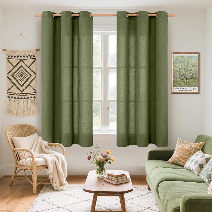 YoungsTex Olive Linen Curtains 54 Inch Length 2 Panels for Living Room | Dark Green Semi Sheer Drapes Light Filtering with Bronze Grommet for Bedroom Short Window, 42 X 54 Inch