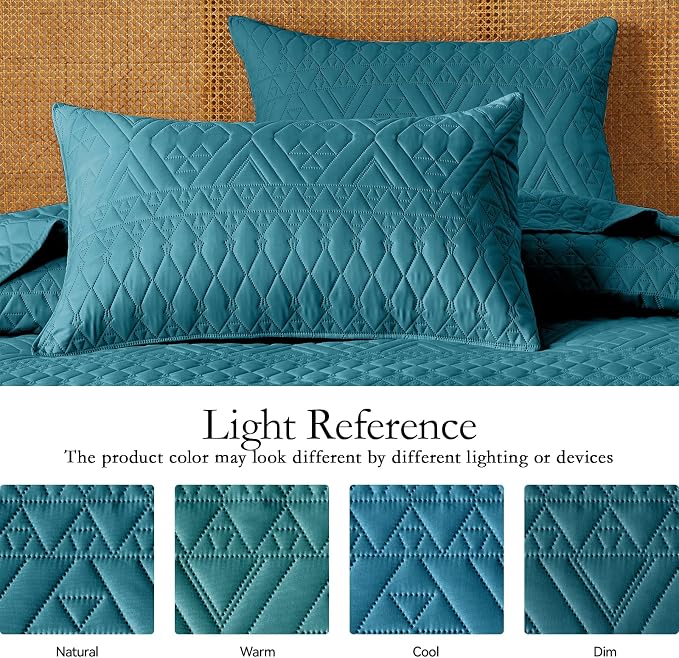 akkialla King/Cal King Quilt Set, Teal Lightweight Microfiber Bedspread Coverlet, Boho Geometric Pattern, Soft All-Season Bedding, 3-Piece (1 Quilt, 2 Pillow Shams)