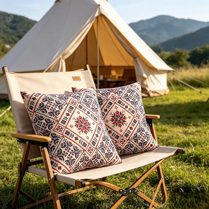 Boho Throw Pillow Covers 18x18 Set of 2 Red Blue Rustic Geometric Decorative Cushion Covers with Hidden Zipper, Soft Polyester Double Sided Machine Washable, No Insert