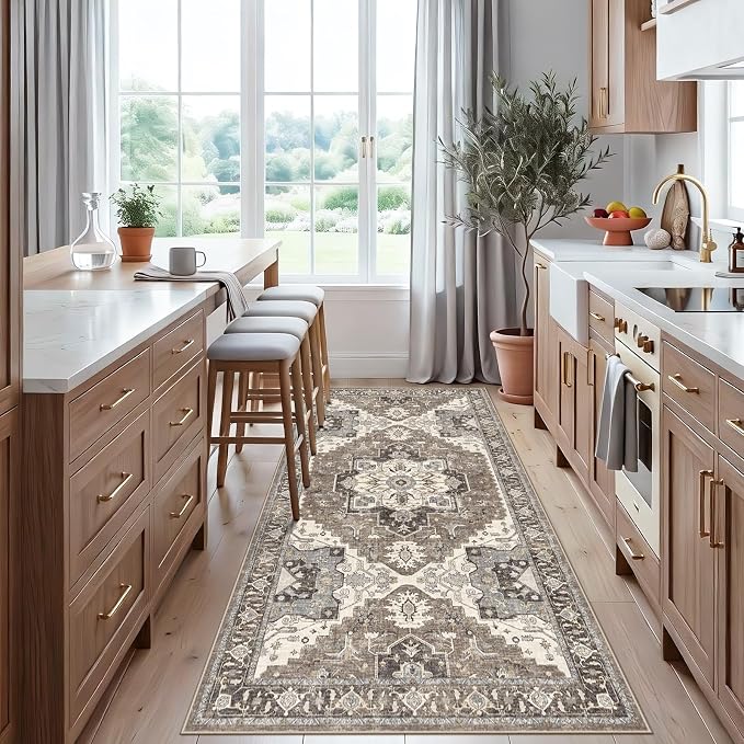 Hallway Washable 3x7 Runner Rug: Non-Slip Kitchen Rugs with Rubber Backing for Entryway Living Room Vintage Low Pile Stain Resistant Carpet for Bedroom Soft Thin Home Decor Mat for Bathroom(Beige,3x7)