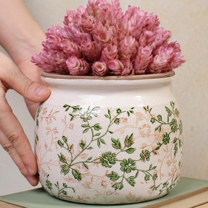 Vintage Country Ceramic Vase and Planters, English Cottage Garden Decor | 6.29" Small Plant Pots Indoor with Drainage, Sage Beige Floral Vases, Windowsill Windowsill Shelf Tabletop Decorations