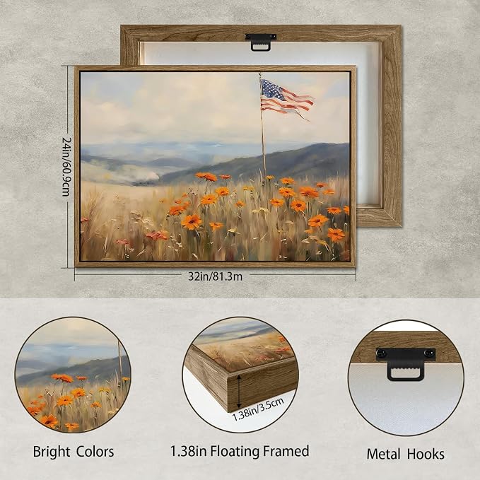 American Flag Framed Canvas Wall Art, 4th of July Patriotic Canvas Prints | Wildflower Meadow Landscape Poster Print, Vintage Rustic Independence Day Wall Decor for Bedroom Living Room 24×32in