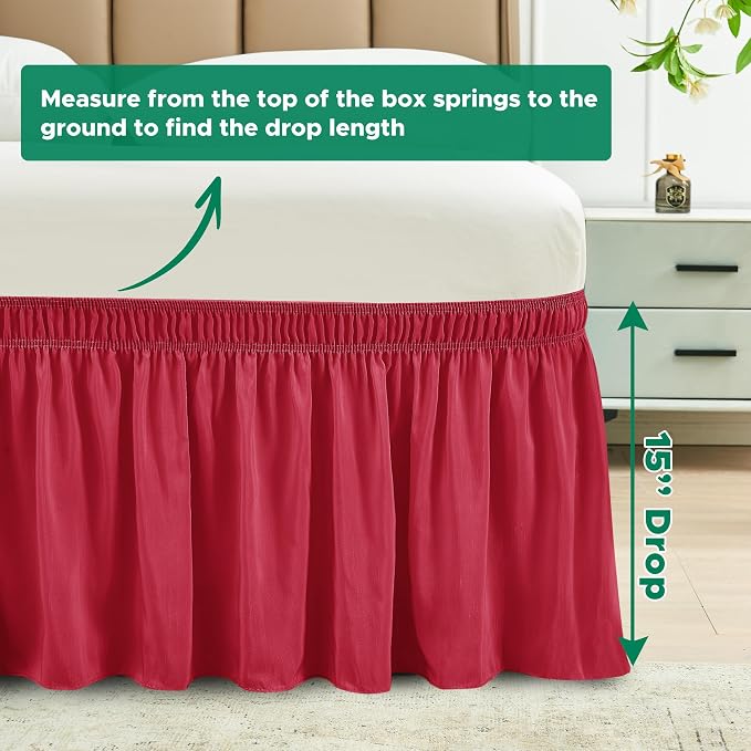 Wrap Around Bed Skirt Dorm Twin & Twin XL 15" Drop-Elastic Dust Ruffle | Adjustable Pleated Bedskirt-Easy Fit Wrinkle Resistant-Washable Hotel Quality-College Dorm Apartment Guest Bedroom Red