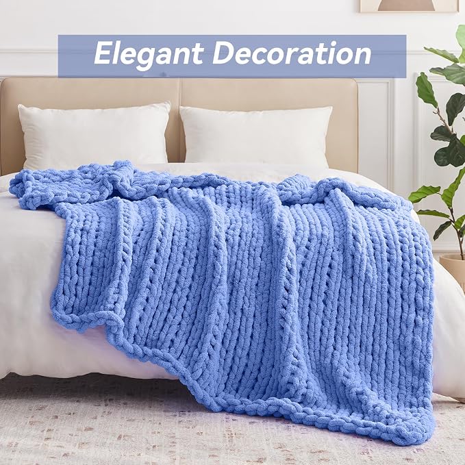 Negwoo Chunky Knit Throw Blanket, Knitted Throw Chenille Yarn, 50"*60" | Soft Thick Cable Knitted Blankets, Handmade Big Thick Blanket, Machine Washable Cute Comfy Blanket for Home Decor, Light blue