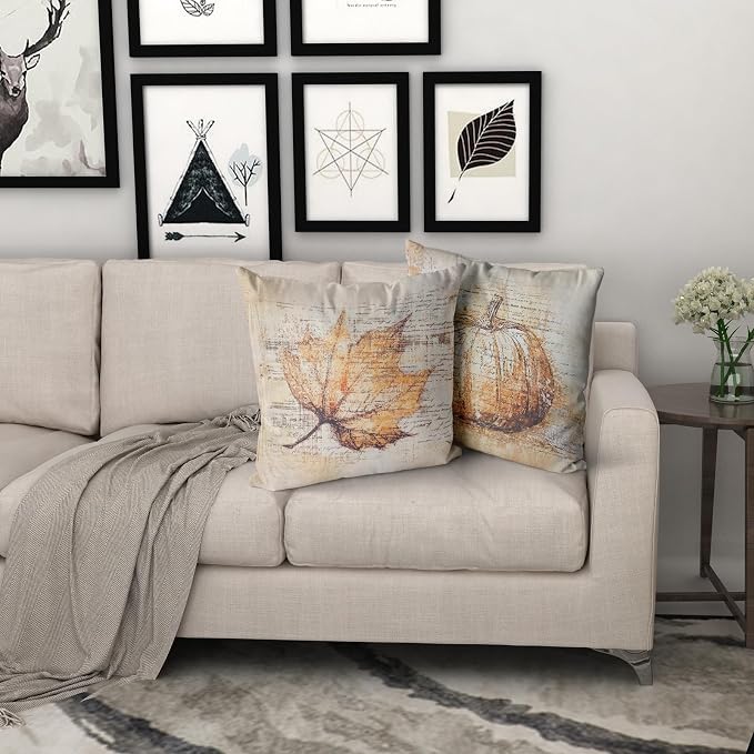 Giwawa Autumn Pillow Covers Set of 2 20x20 Inch- Vintage Fall Pumpkin Maple Leaf Decorative Cotton Throw Pillow Cases- Rustic Farmhouse Thanksgiving Cushion Covers for Sofa Porch Bed Season