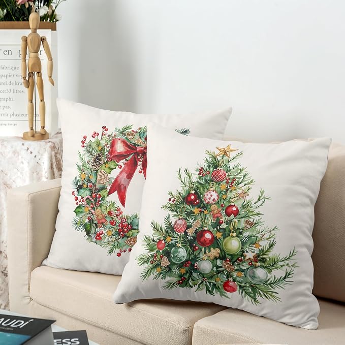 Set of 2 Christmas Tree Pillow Covers Xmas Wreath Throw Pillow Covers Red and Green Decorative Pillow Case 24x24 Winter Holiday Cushion Case for Home Decor Couch Sofa