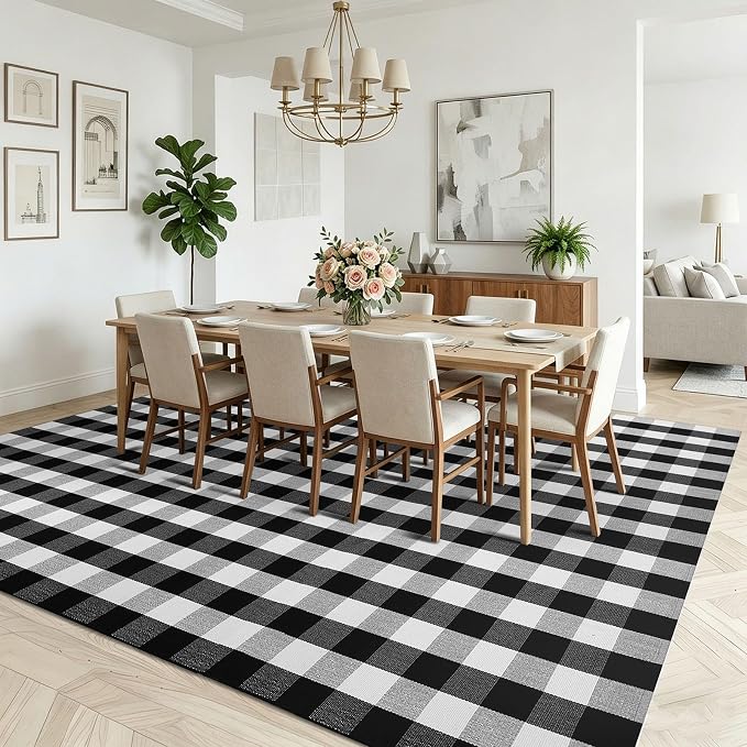 KOZYFLY Buffalo Plaid Area Rug 8x10 ft Living Room Rug, Black and White | Washable Checkered Rugs, Cotton Bedroom Rug, Woven Dining Room Rug, Indoor Outdoor Carpet for Farmhouse Patio Front Porch