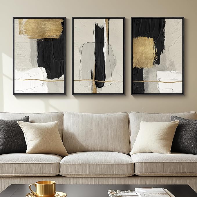Framed Black and White Abstract Wall Art Set, 3 Piece Modern Canvas Prints | Modern Paintings, Minimalist Artwork, Gold Beige Block Pictures, Wood Frame, Living Room Office Bedroom Wall Decor 16x24 Inch