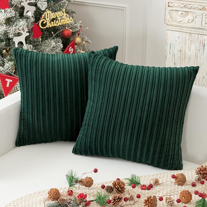 Kevin Textile Striped Corduroy 18”x18” Pillow Covers 2 Pack, Dark Green