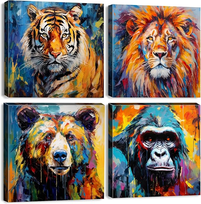 Graffiti Lion Wall Art Colorful Animals Pictures for Living Room Texture Chimpanzees Bear Tiger Wall Decor Kids Bedroom Abstract Forest Wildlife Artwork Living Room Nursery Home Decorations 12x12" 4P