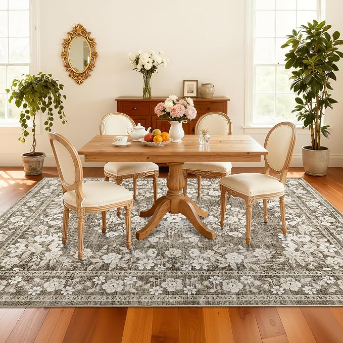 GarveeHome 9x12 Rug for Luxury Living Room Vintage Leaf Flower Carpets | Distressed Botanical Brown Rugs for Large Guest Room Non-Slip Low Pile Vintage Floral Bordered Area Rug for Office Dining