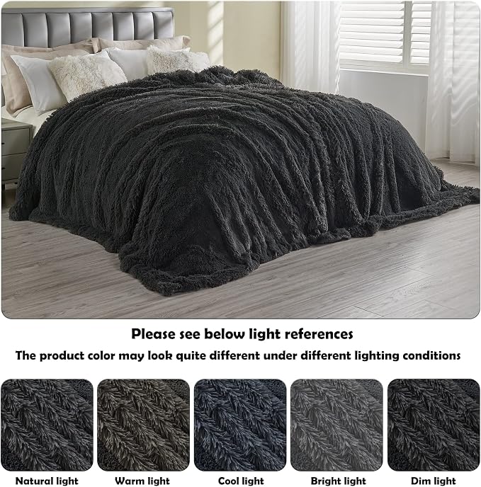 GONAAP Fuzzy Faux Fur Queen Blanket for Couch, Dark Grey, 90"x90" | Warm Cozy Plush Shaggy Decorative Reversible Thick Non-Heated Fleece Blanket for Sofa Bed, Gift for Women Men, All Season Use
