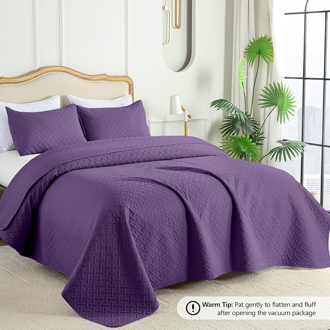 FLYMME Twin Quilt Set,Lightweight Purple Bedspreads,Basket Weave Pattern,Ultra Soft Microfiber Bedspread Bed Coverlet 2 Pieces for All-Seasons (1 Quilt,1 Shams)