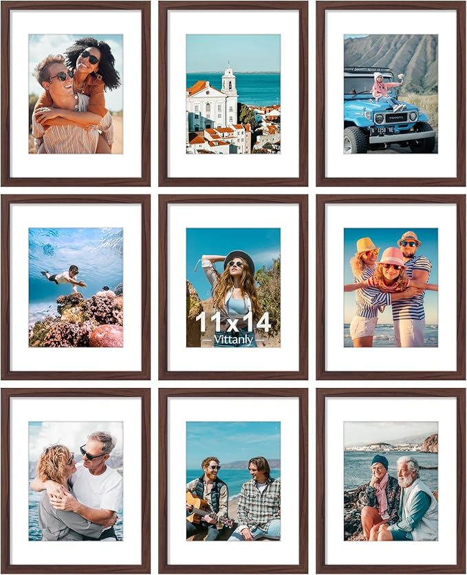 Vittanly 11x14 Picture Frames Set of 9 for Wall Mounting, Walnut | Display Pictures 8x10 with Mat or 11x14 without Mat, Engineered Wood with Shatter Resistant Plexiglass, Gallery Photo Frames