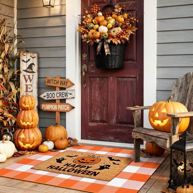 LEEVAN Halloween Door Mat, Orange Buffalo Plaid Fall Front Porch Decor Rug | 2'4" x 3'7" Layered Doormat, Washable Thanksgiving Checkered Welcome Door Mat for Entryway Kitchen Bathroom