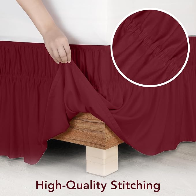 Wrap Around Queen Bed Skirt, Easy Fit Elastic Belt, 16 Inch Drop, Burgundy | No Mattress Lifting, Stay-Put Design, Adjustable Buckle & Elastic Belt, Wrinkle & Fade Resistant, Brushed Microfiber