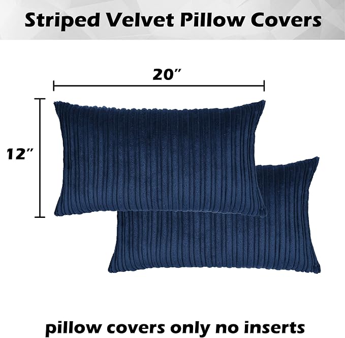 Kevin Textile Striped Corduroy 12”x20” Pillow Covers 2 Pack, Navy Blue