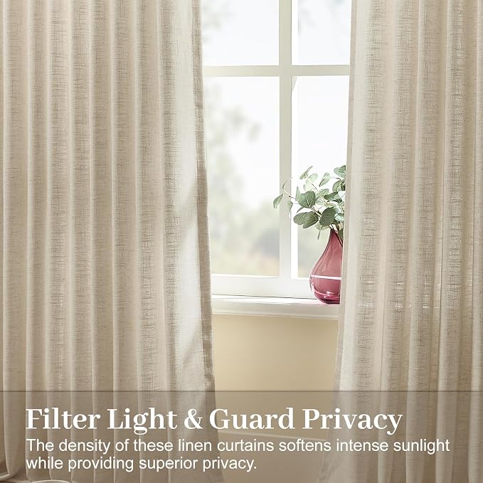 Pleated Linen Sheer Curtains 96 Inches Extra Wide Drapes Light Filtering | Pinch Pleated, Living Room, Semi Sheer, Sliding Door, Hook Rings, Non See Through, W70xL96, 1 Panels, Burlywood Birch