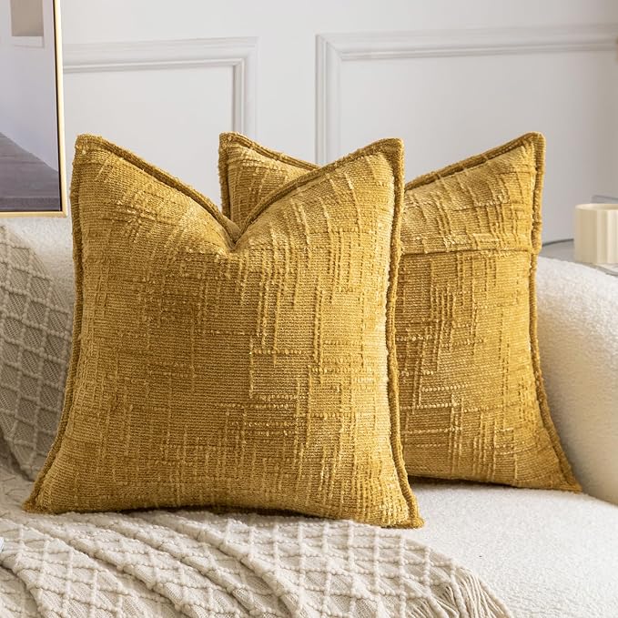MADIZZ Pack of 2 Chenille Throw Pillow Covers 18x18 Inch Yellow Soft Neutral Decorative Throw Pillows for Couch Sofa Boho Accent Cushion Covers Modern Farmhouse Home Decor for Bedroom Living Room