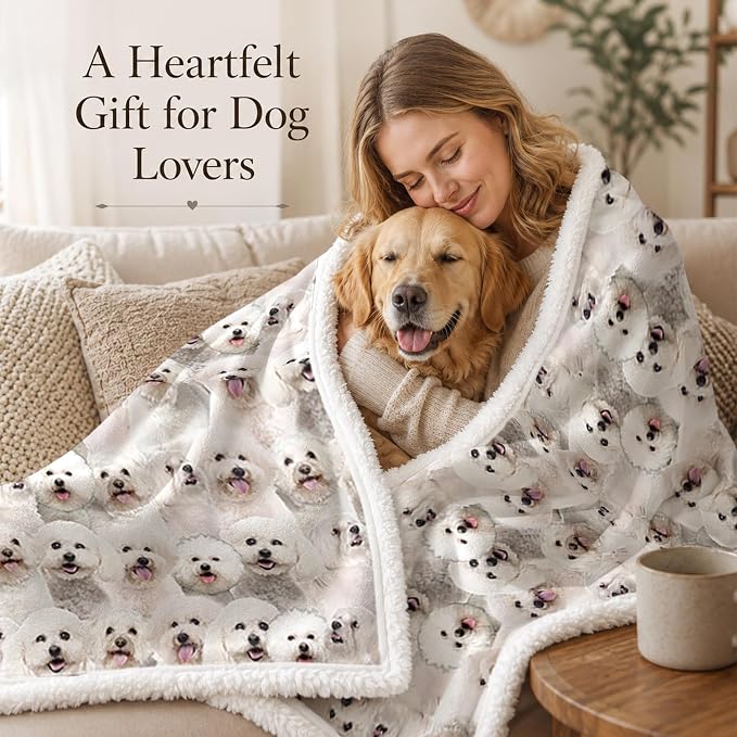 BlessLiving Throw Blanket, White Dog Animal Gift, 50x60 in | sherpa fleece fabric, Bichon Frise Dense Pet Blankets Puppy print, for couch or sofa, pet lovers, easy machine care