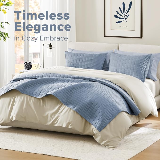Comfort Spaces Kienna Queen Quilt Bedding Set 3 Piece, 90"x90" Blue | Soft Cozy Lightweight Summer Coverlet Full Size, Quilted Bedspreads Extra Layer, Modern Casual Bedroom Decor, OEKO-TEX