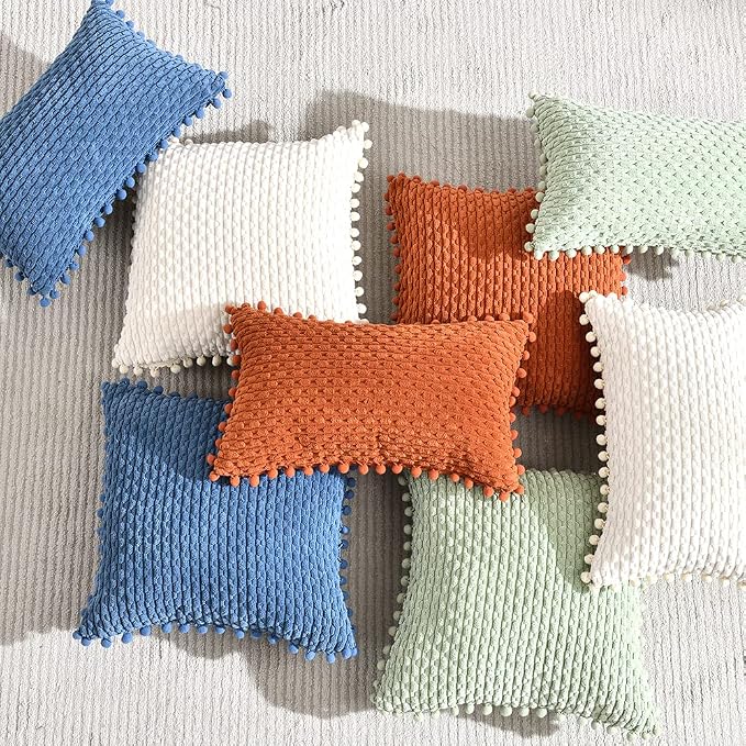 Fancy Homi Set of 2 Sage Green Lumbar Decorative Throw Pillow Covers 12x20 Inch with Pom-poms for Couch Bed Sofa, Modern Farmhouse Boho Home Decor, Soft Plush Corduroy Rectangle Cushion Case 30x50 cm