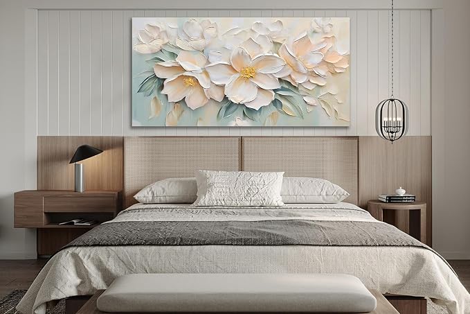 Anolyfi Large White Floral Canvas Wall Art for Living room Bedroom 58"x29" | HD Print and Hand-painted Textured, Easy to Hang, Durable Colorfast, Modern Flowers Sage Paintings for Hallway Home Decor