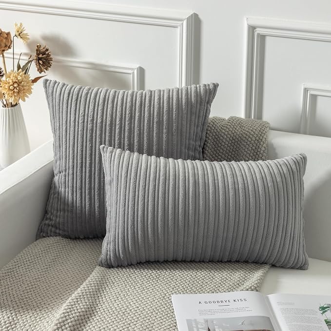 Kevin Textile Striped Corduroy 26”x26” Pillow Covers 2 Pack, Light Grey