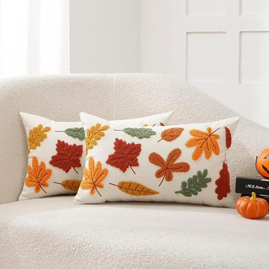 12x20 Lumbar Throw Pillow Covers Set of 2 Fall Thanksgiving Farmhouse Leaf Maple Leaves Decorative Embroidery Cushion Cases Decor Home Decorations for Couch Patio Bed Room Livingroom Sofa Porch